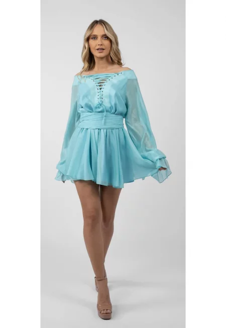 Къса рокля с връзки отпред и широки ръкави