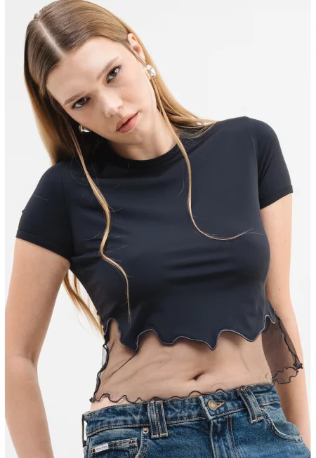 Къса тениска с прозрачен детайл - Черен