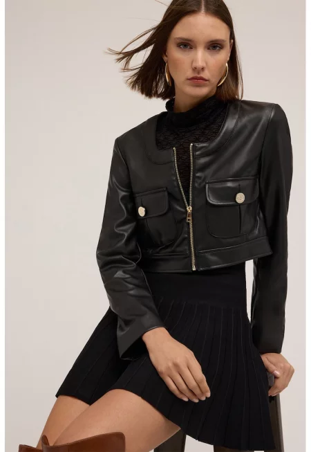 Късо яке с от еко кожа - Черен