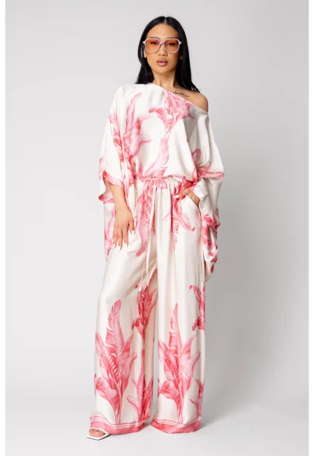Комплект от блуза и дълъг панталон в копринена смес Off White/ Rose 16714 - Бял