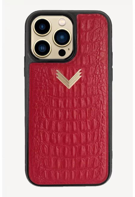 Кожен калъф за Iphone 13 Pro Max - Червен/Златист