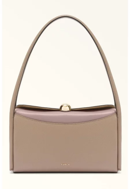 Кожена чанта за рамо Boxy Nicole - Светлокафяв/Бледа лила