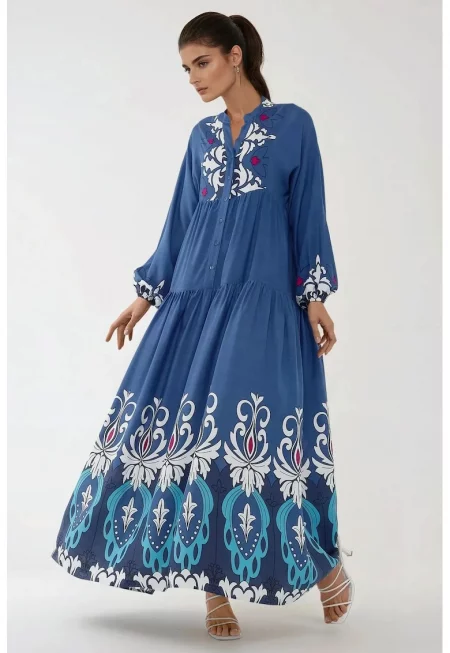 Макси рокля  дълъг ръкав - щампа - синьо/бяло - вискоза