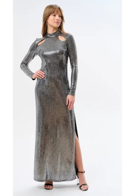Макси рокля с изрези и металически вид