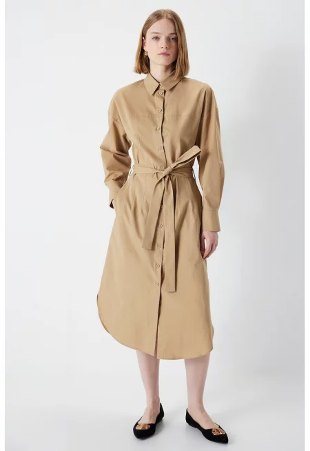 Памучна рокля с колан - Светлокафяв