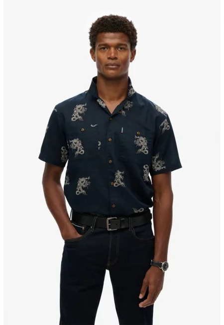 Плажна риза с лен - Сив/Тъмносин