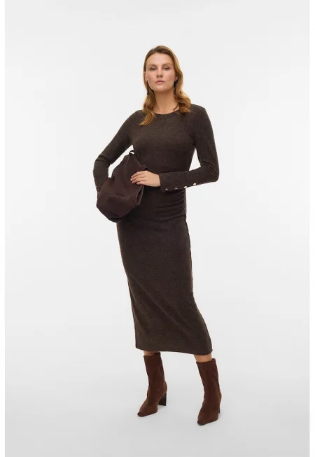 Плетена миди рокля с набирания встрани - Тъмнокафяв