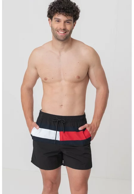 Плувни шорти с лого и връзка - Червен/Бял/Избеляло черно