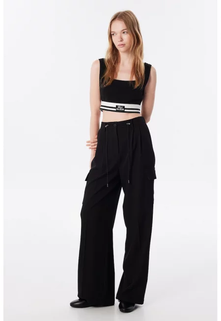 Прав панталон с миди талия - Черен