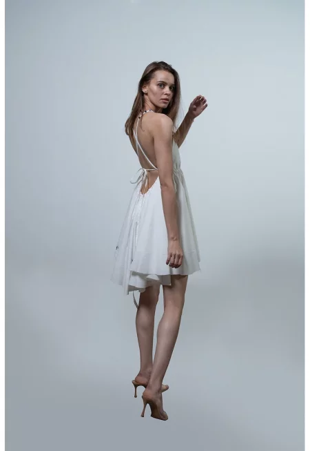 Разкроена къса рокля с кръстосани презрамки - Бял