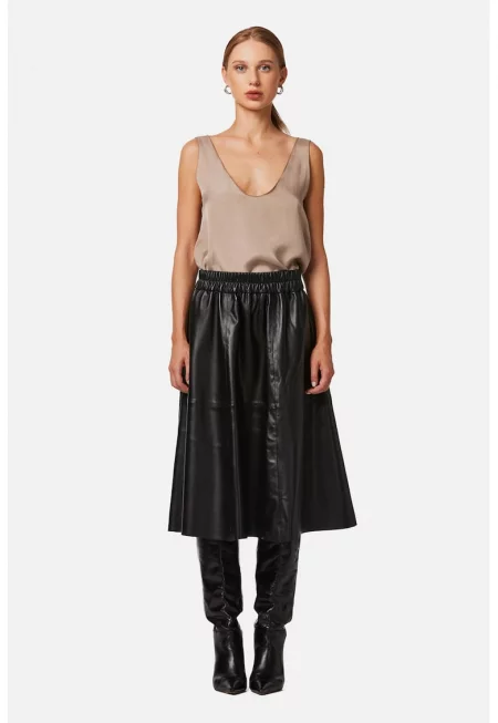 Разкроена кожена пола с висока талия - Черен