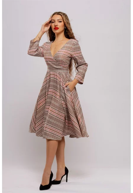 Разкроена миди рокля с джобове - Кафяв/Бежов/Розово