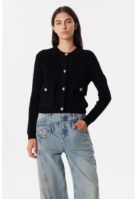 Рипсена жилетка с джобове - Черен