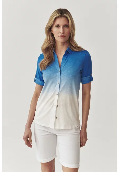 Риза с къси ръкави и хоризонтален меланж - Бял/Кралско Синьо
