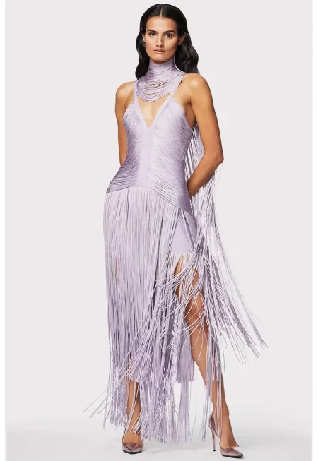 Rochie lunga cu franjur si decolteu in V - Лилав