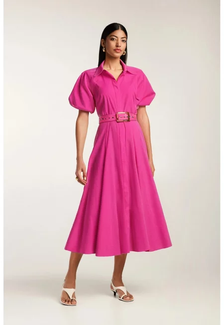 Rochie midi din bumbac tip camasa cu maneci scurte Oman