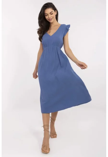 Рокля  памук - V-образно деколте - тъмносиня - един размер