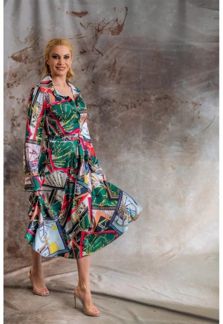 Рокля-риза Lennox с коприна - Червен/Аква зелено/Син