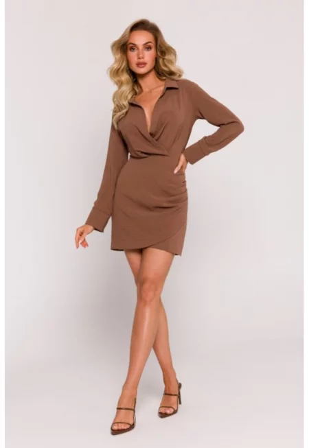 Рокля с деколте и яка  Тъмнокафяв