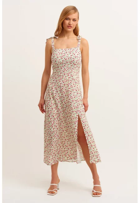 Рокля с десен и странична цепка - Корал/Мръснобял/Шам фъстък зелено