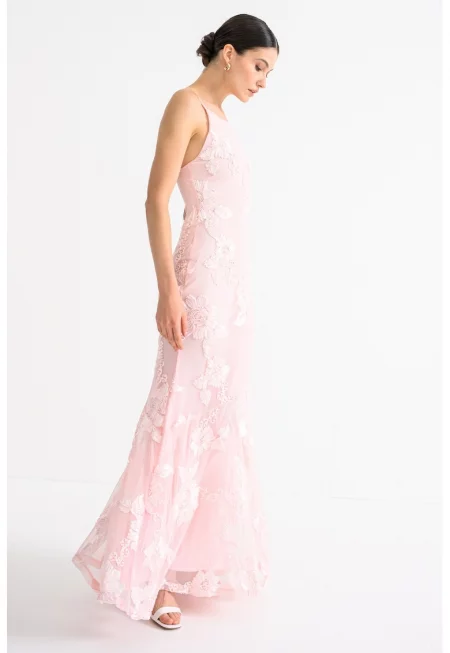 Рокля с флорална бродерия - Бледо розово