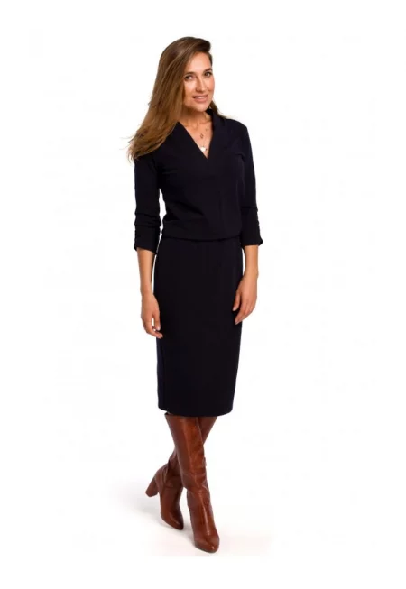 Рокля с V-образно деколте  плетена - памук - тъмносин