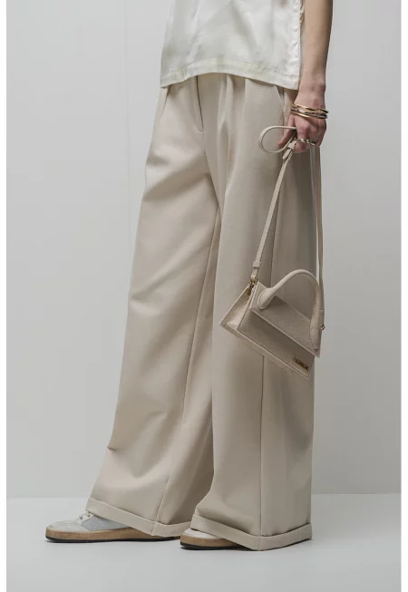 Широк панталон с басти - Крем
