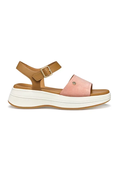 Скосени сандали от кожа и еко кожа - Карамел/Розово