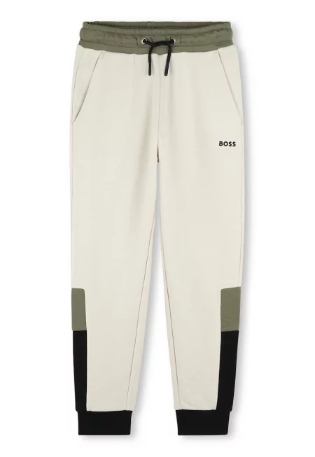 Спортен панталон в цветен блок с връзка - Крем/Зелени аспержи