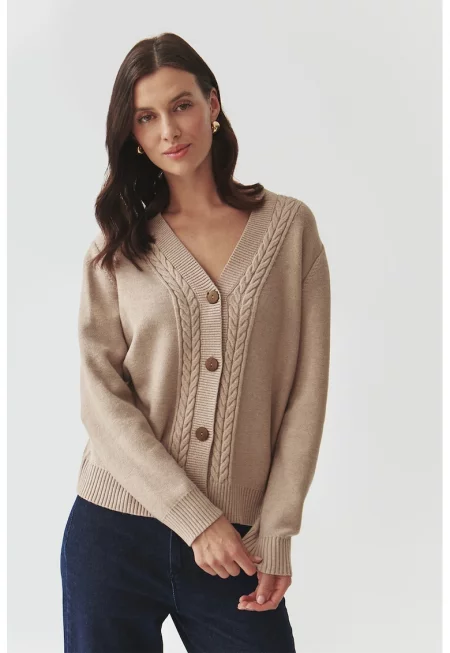 Свободен пуловер с копчета - Камел