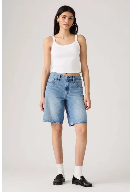 Свободни къси дънки с миди талия - Светлосин меланж