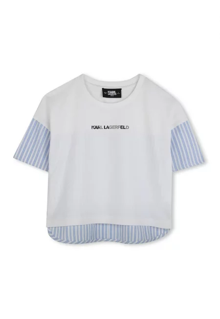 Тениска с раирани панели - Пастелносин/Мръснобял