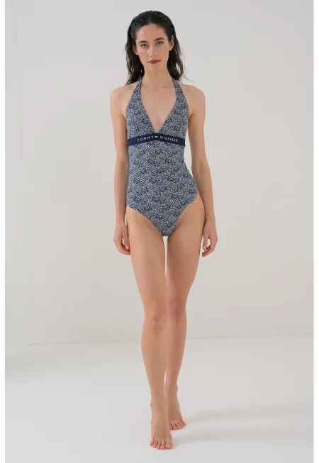 Цял бански с принт и лого - Бял/Тъмносин