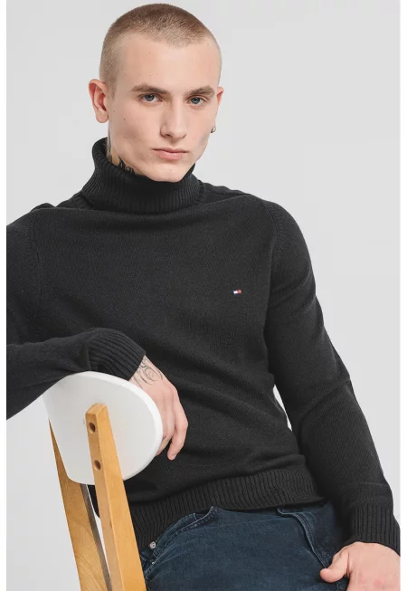 Вълнено поло с лого - Черен