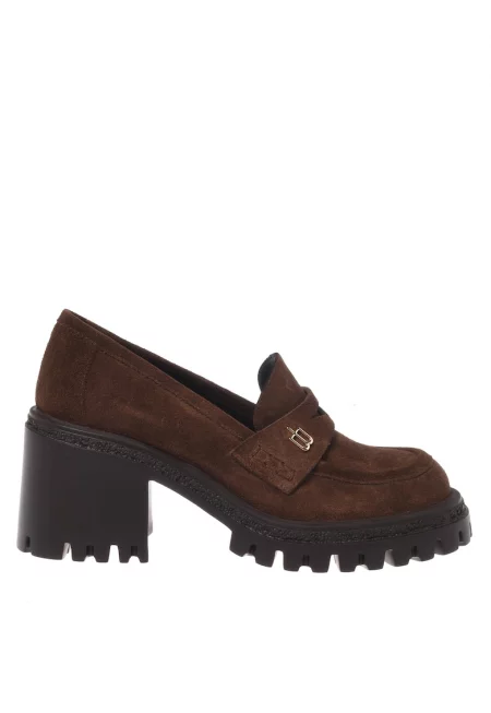 Велурени мокасини с масивен ток - Тъмнокафяв