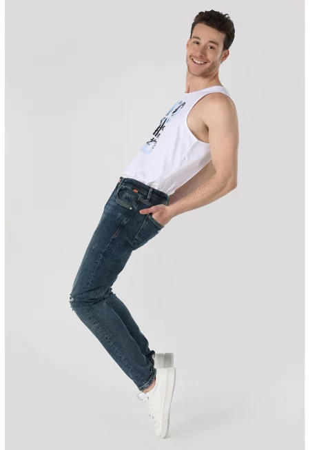 Вталени дънки със средна талия - Ултрамарин синьо