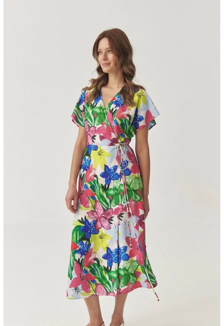 Застъпена флорална рокля - Тъмносин/Бял/Аква зелено