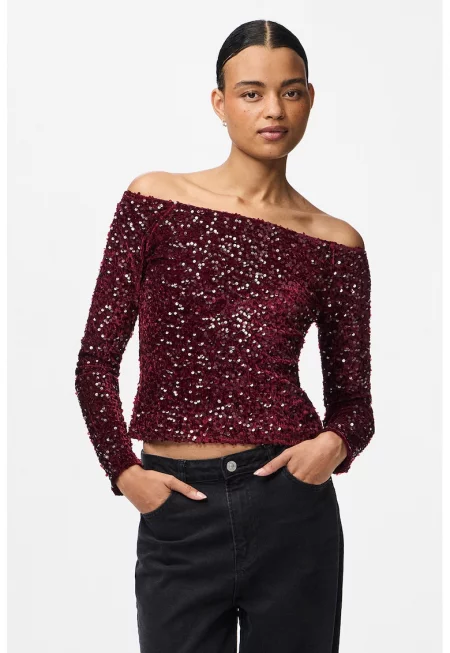 Блуза с голи рамене и бродерии с пайети