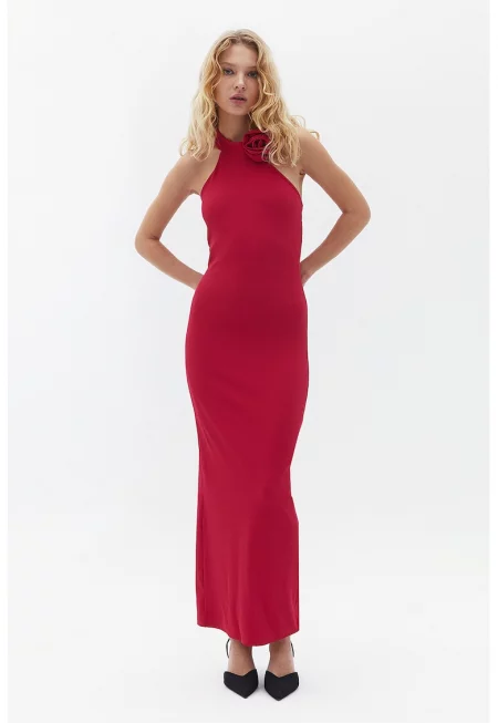 Дълга халтер рокля - Яркорозово