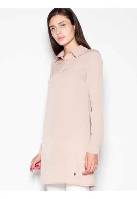 Дамска блуза  бежова - светло плетиво - дълъг ръкав - нежна яка