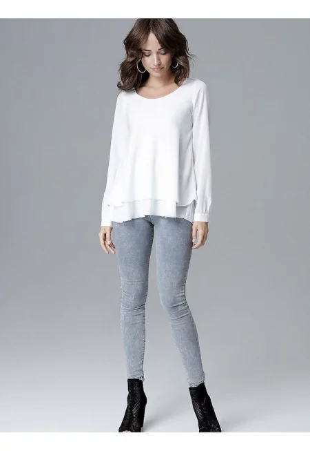 Дамска блуза  бежово - дълъг ръкав - полукръгло деколте - волан -