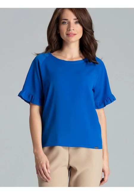 Дамска блуза - Ленитиф - с къс ръкав - волан - синя - полиестер