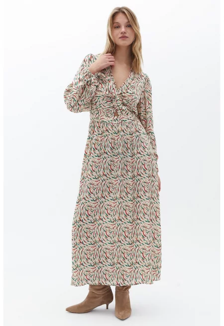 Десенирана шпиц рокля - Червен/Папратово зелено/Крем