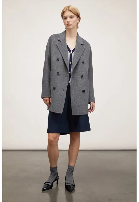 Двуредово палто с вълна - Меланж тъмно сиво