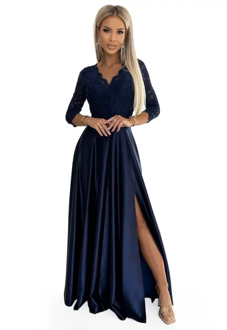 Елегантна дълга рокля от сатен - с дантелена горна част и цепка на крака - тъмно синя