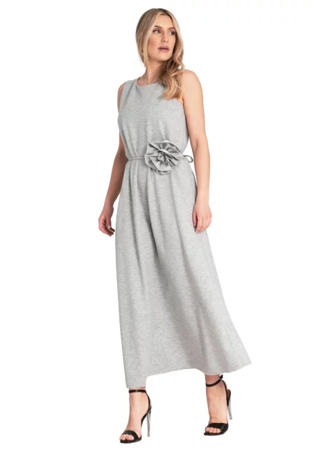 Елегантна рокля  без ръкави - флорален мотив - сива - полиестер/еластан/вискоза - един размер
