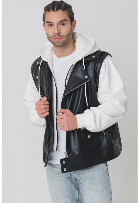 Елек от еко кожа с цип - Бял/Черен