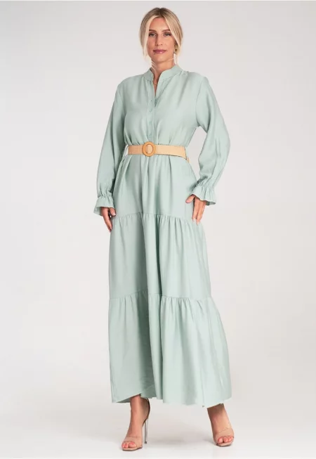 Ежедневна дълга рокля  с волани - ментов цвят - изработена от лек материал - Един размер