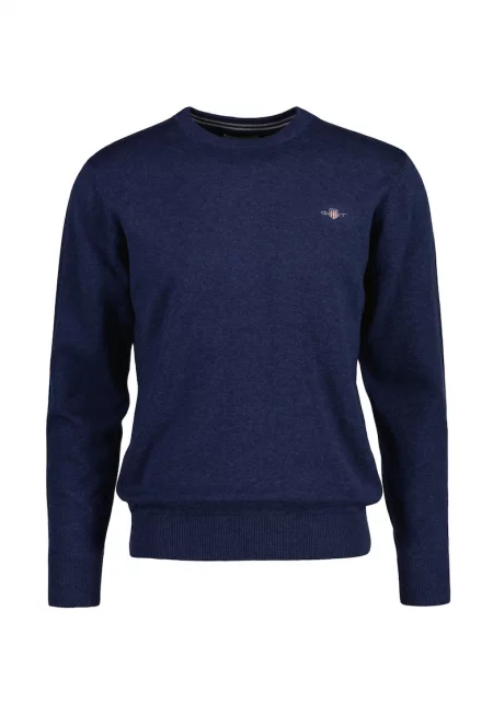 Фино плетен пуловер с овално деколте - Тъмносин