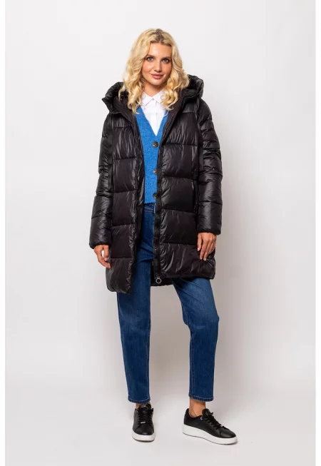 Капитонирано зимно яке Nedri с вата - качулка и скосени джобове - Черен
